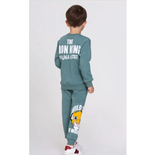 A boy in a green sweatshirt and pants with the words 'the lion king