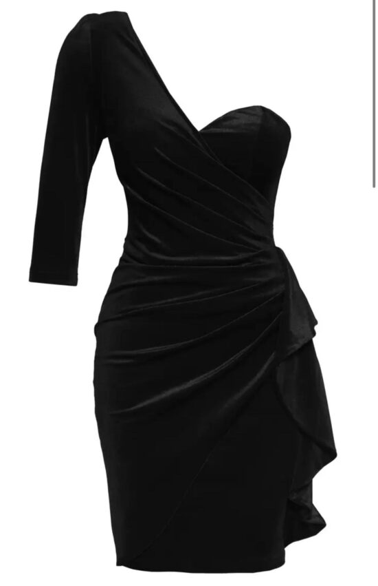 An asymmetric black dress with ruffles.