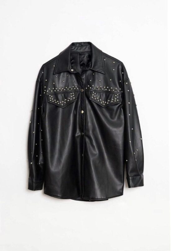 A black leather jacket studded with shiny accents.